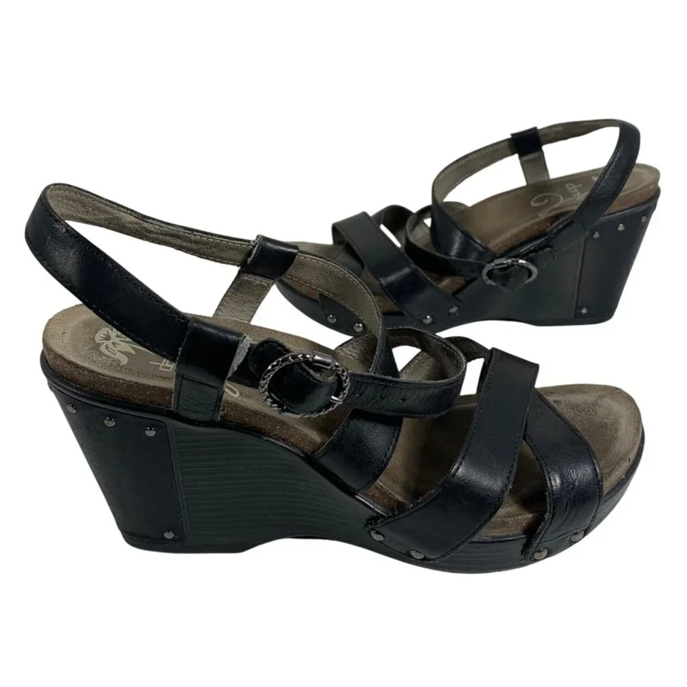 DANSKO Frida Women's Black Leather Studded Wedge Slingback Sandal Open Toe SZ 39
